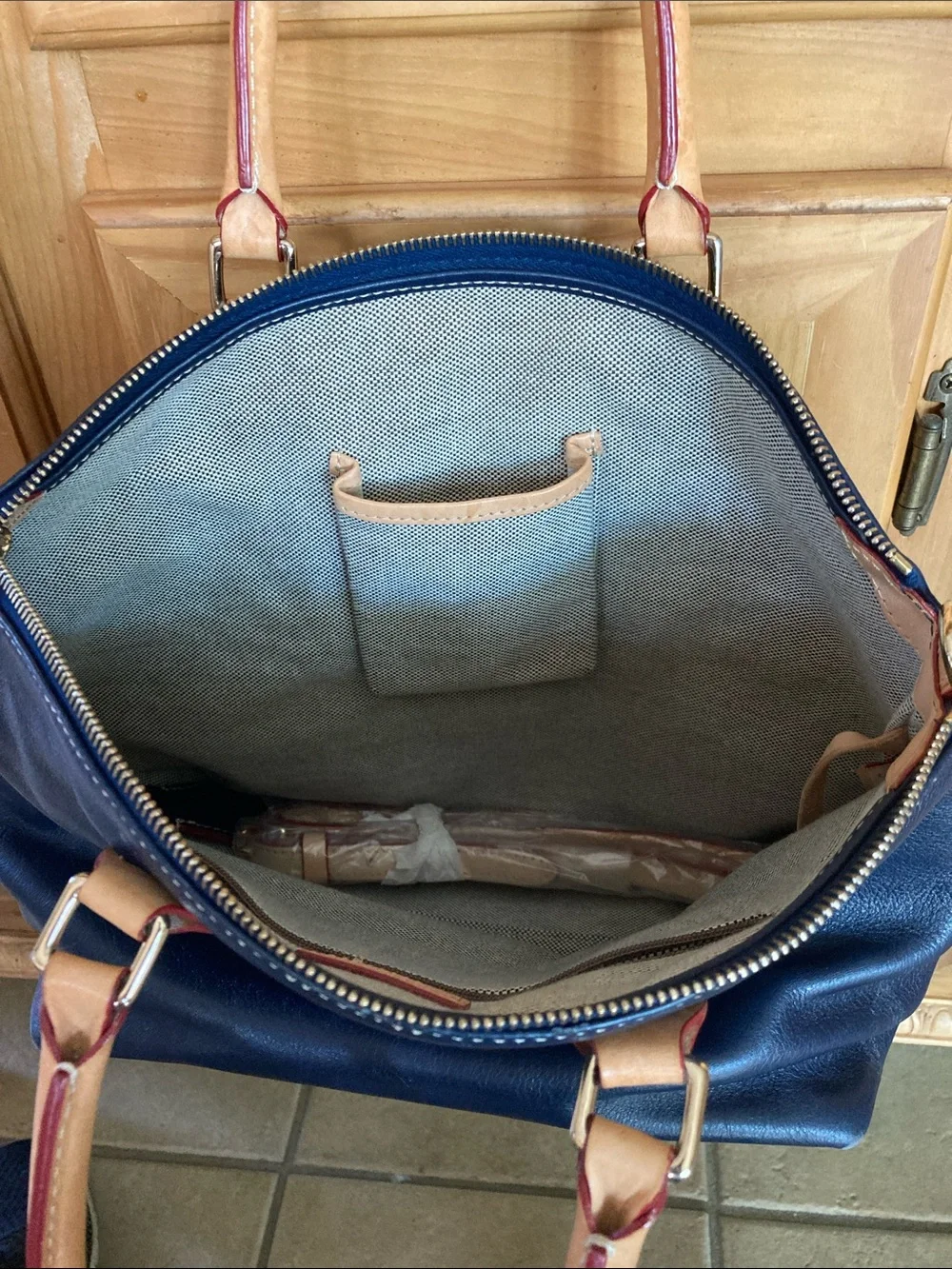 Dooney & Bourke Navy Leather Satchel with Tan Handles & Bag Protector